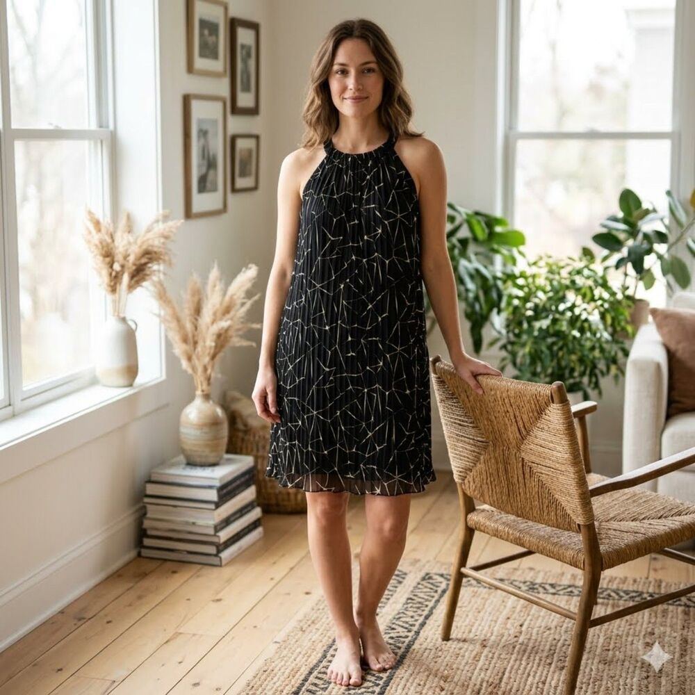 Apt 9 Chiffon Halter Dress Womens 6 Black White Pleated A Line NWT Summer